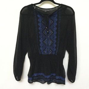 Forever 21 Black, Blue Sheer Tie Neck Long Sleeve Top Size Small